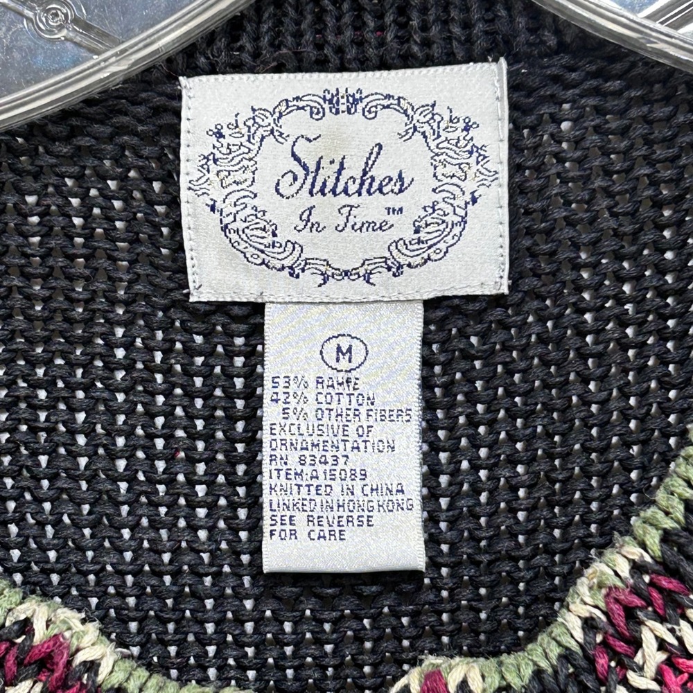 Stitches In Time Vintage Christmas Cardigan Black Floral Tree Beaded Mens M - Picture 6 of 11